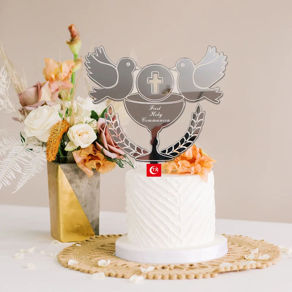 New Baptist Cake Topper Boys and Girls Pigeons IHS Eucharist Golden Cake Topper for Birthday Party Acrylic cake decoration