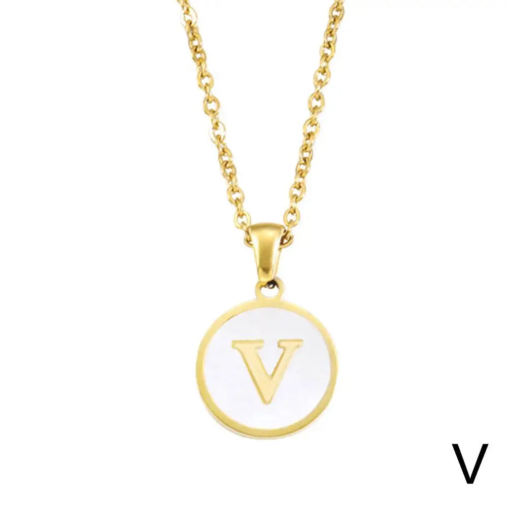 Vintage Initial 26 Letters A To Z White Shell Pendant Necklace Gold Color Steel For Women Men Choker Jewelry Necklace