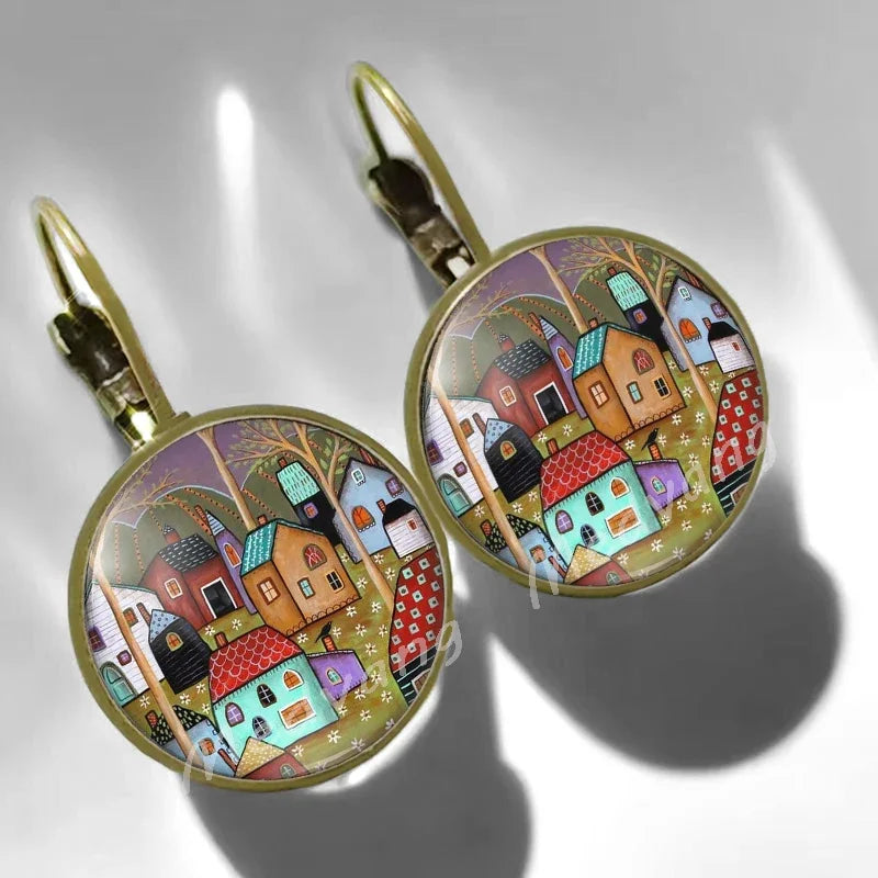 2024 Natural Scenery Earrings beautiful village Women Stud Earring  Abstract Oil Painting House Glass Cabochon Earrings  jewelry