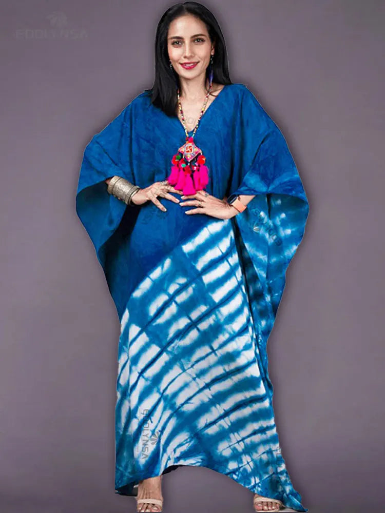 2025 Quick-drying Bohemian Printed Loose Summer Beach Dress Moroccan Kaftan Women Plus Size Beachwear Tassel Midi Dress Q897