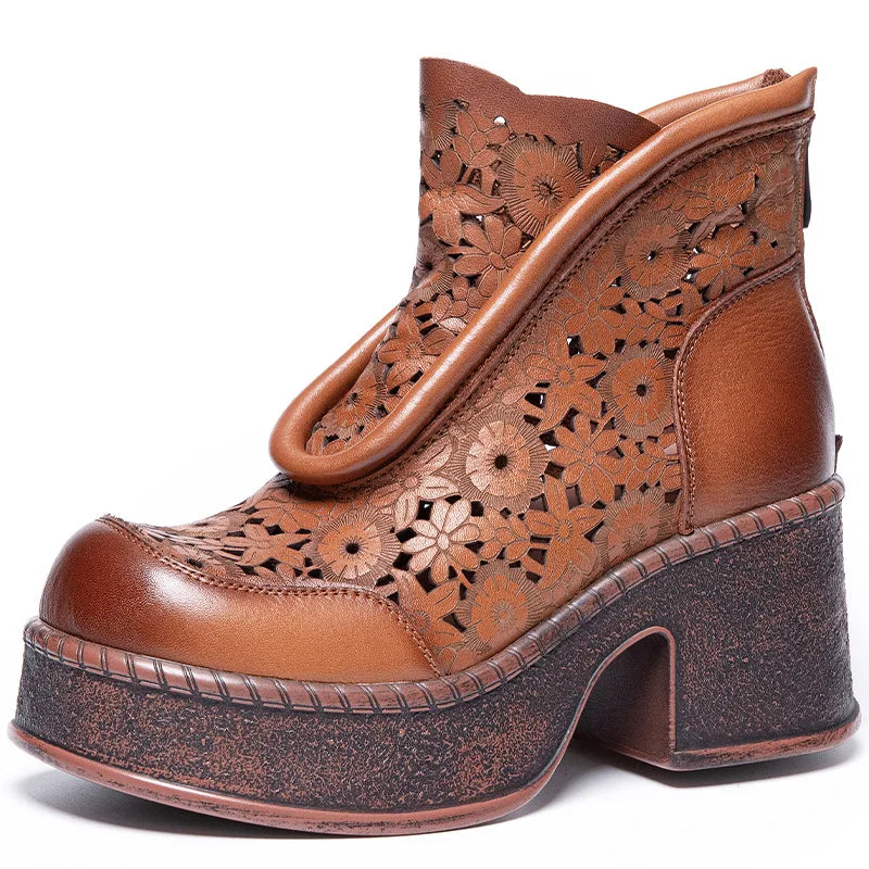 Koznoy 7.5cm Genuine Leather Sandals Ankle Booties Women Hollow Chimney Moccasins Fashion Summer Motorcycle Natural Boots Shoes