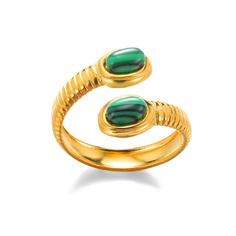 Stainless Steel Double Wide Rings For Women Trendy Aesthetic Gold Color Ring Vintage Natural Stone Hollow Jewelry Gift New In