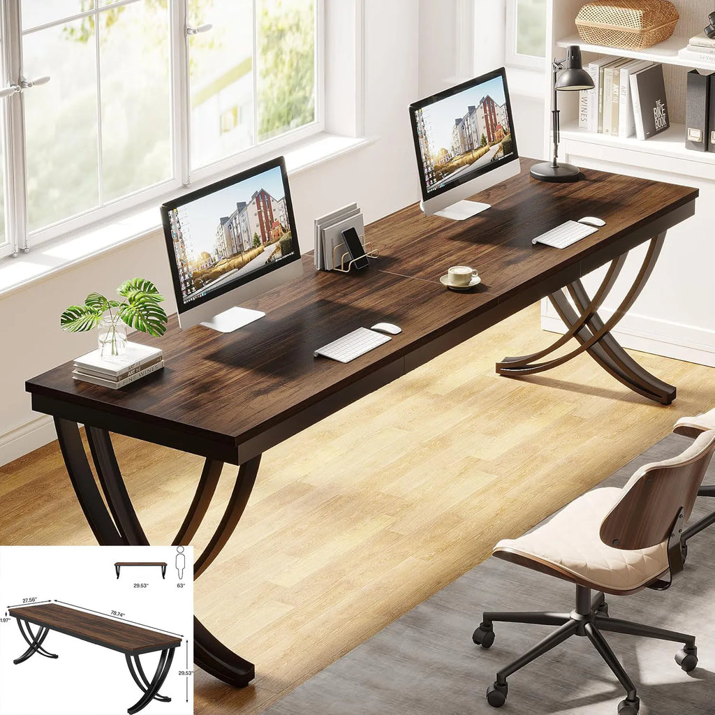 Computer Desk, 200 x 60 x 82 cm, Double Long Desk with 2 Drawers, Office Table, Work Table, Office Furniture