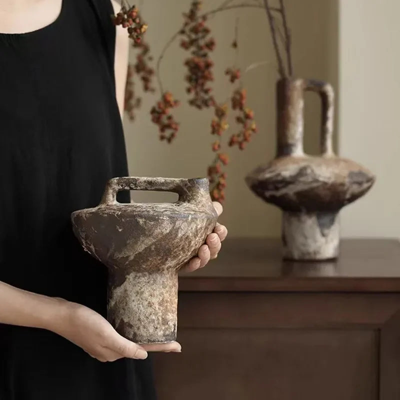 Ceramic Vase, Vintage Coarse Pottery Rusty Spotted Flower Vase, Desktop Ornament, Wabi Sabi Style, Zen Flower Arrangement