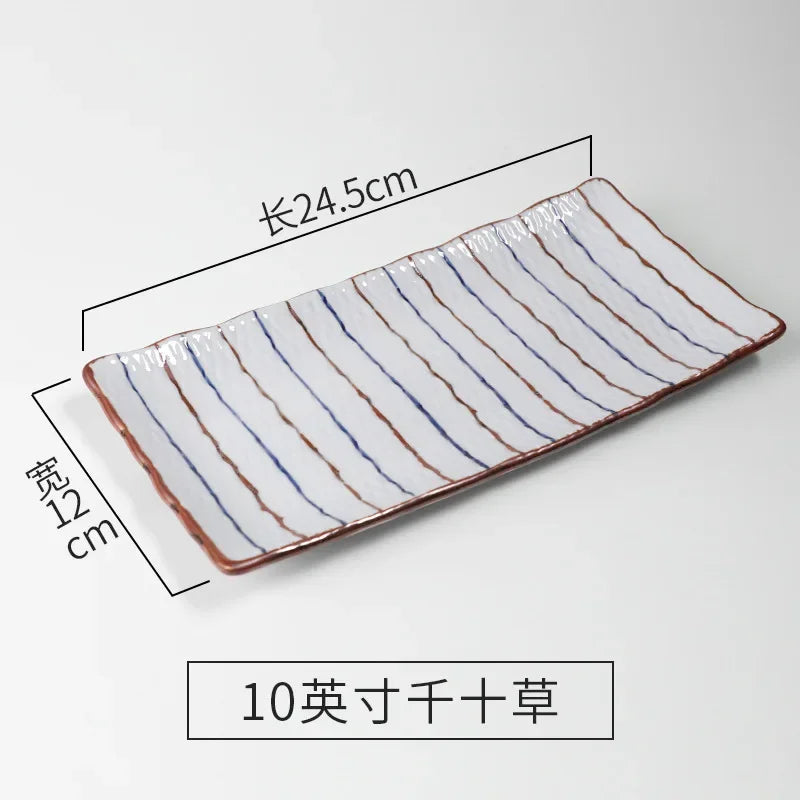 Plate Japanese Ceramic Tableware High Temperature Underglaze Color Hand-painted Tableware New Chinese Creative Rectangular