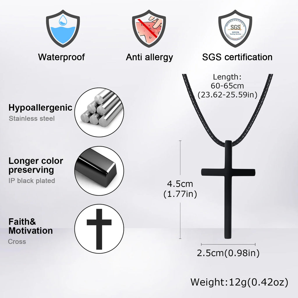 Simple Cross Pendant Necklaces for Men Boys,Stainless Steel Jesus Pendant with Black Wax Rope, Religious Prayer Blessing Gift