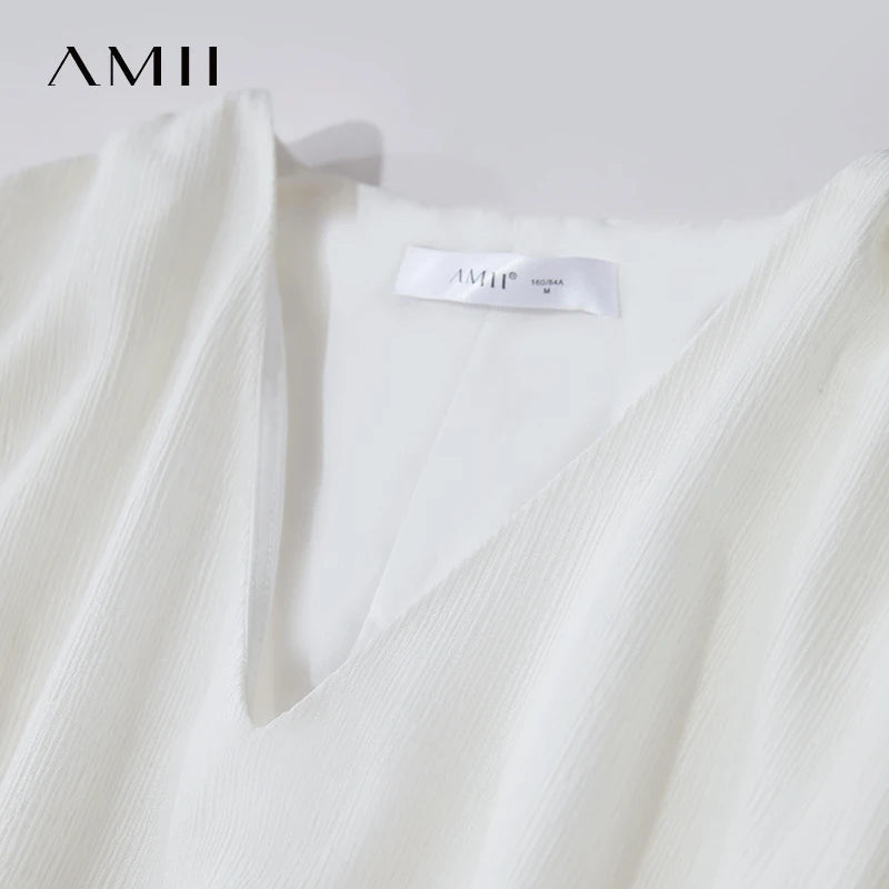 Amii Women's Dress Minimalist Summer New Loose Long Style Sleeveless V-Neck Ruffled Hem Drawstring Raglan Sleeve Dress 12542117