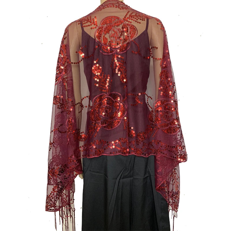 Glitter Sequins Shawls and Wraps for Evening Dresses Women's Mesh Wedding Cape Bridal Bridesmaid Shrugs Fringed Party Shawl