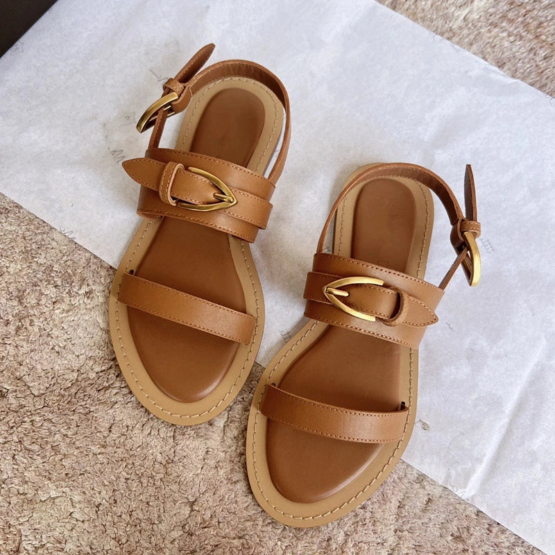 2024 Summer Sandals Women Shoes New Fashion Ladies Cowhide Sandal Retro Handmade Genuine Leather Flats Sandalias Femininas