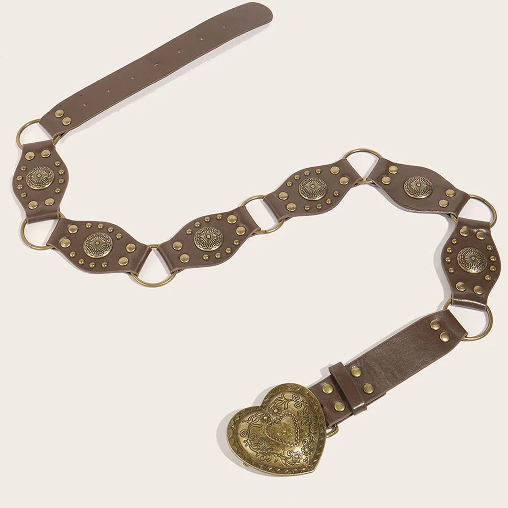 Vintage Circle Splicing Belts Cowboy Hollow PU Girdle Rivet Punk Metal Buckle Spice Girls Skirt Decoration Heavy Duty Wide Belt