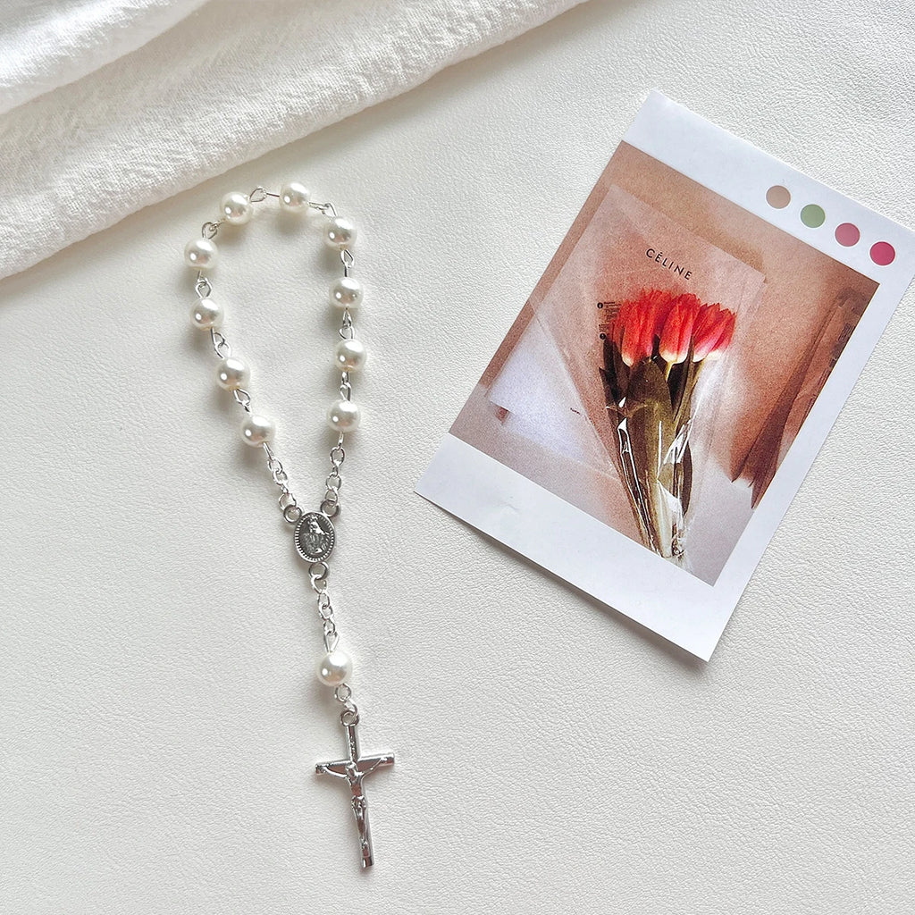 1Pcs Baby 6/8mm Glass Pearl Rosary Bracelet Eucharist Gift Cross Finger Chain Religion Mini Rosary Bracelet Pray