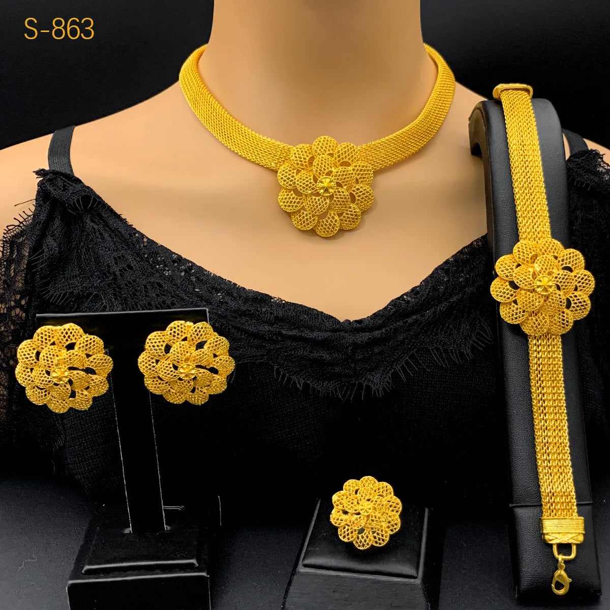 Luxury Wedding AU999 24K Gold Flower Jewelry Set! 4-Piece(Bracelet+Earrings+Ring+Necklace) Flattering, Newlywed Bliss Meaning
