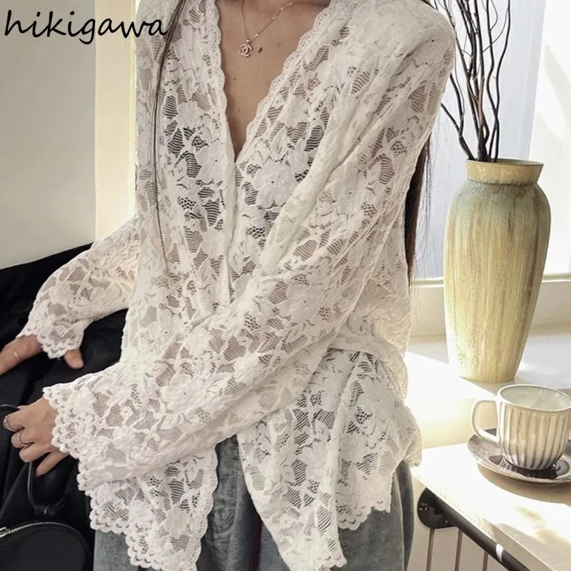 Long Sleeve Lace Blouses Women Clothing 2025 Blusas Mujer De Moda Hollow Out Sexy Tops See Through Fashion Summer White Shirts