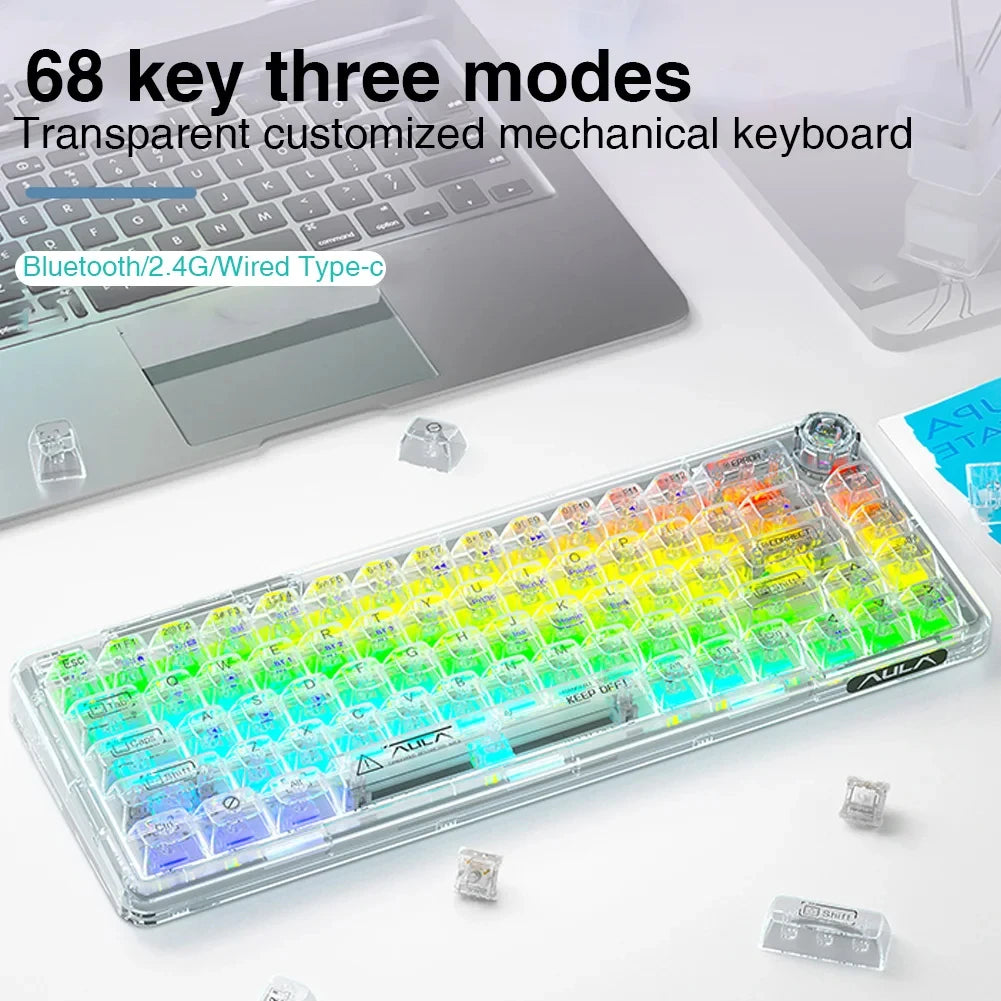 AULA F68 Transparent Mechanical Keyboard 2.4G Wireless/BT/Wired Hot Keycaps Colored RGB Lights For Work Gaming E-Sport Keyboard
