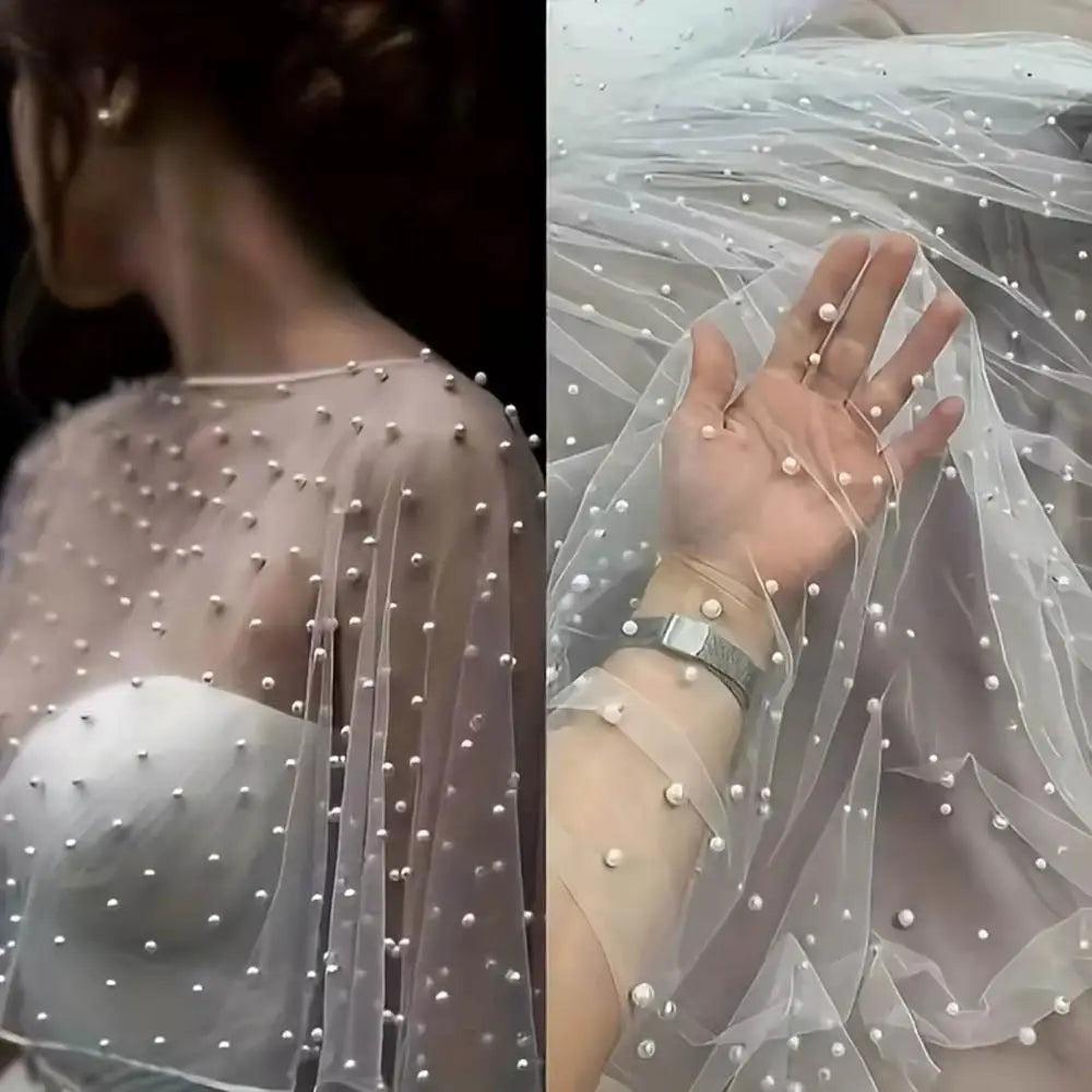 White Tulle Net Shawl For Bride Short Front Long Back See-Through Pearl Bead Wrap Short Sleeve With Plain Silk Edge Wedding Cape