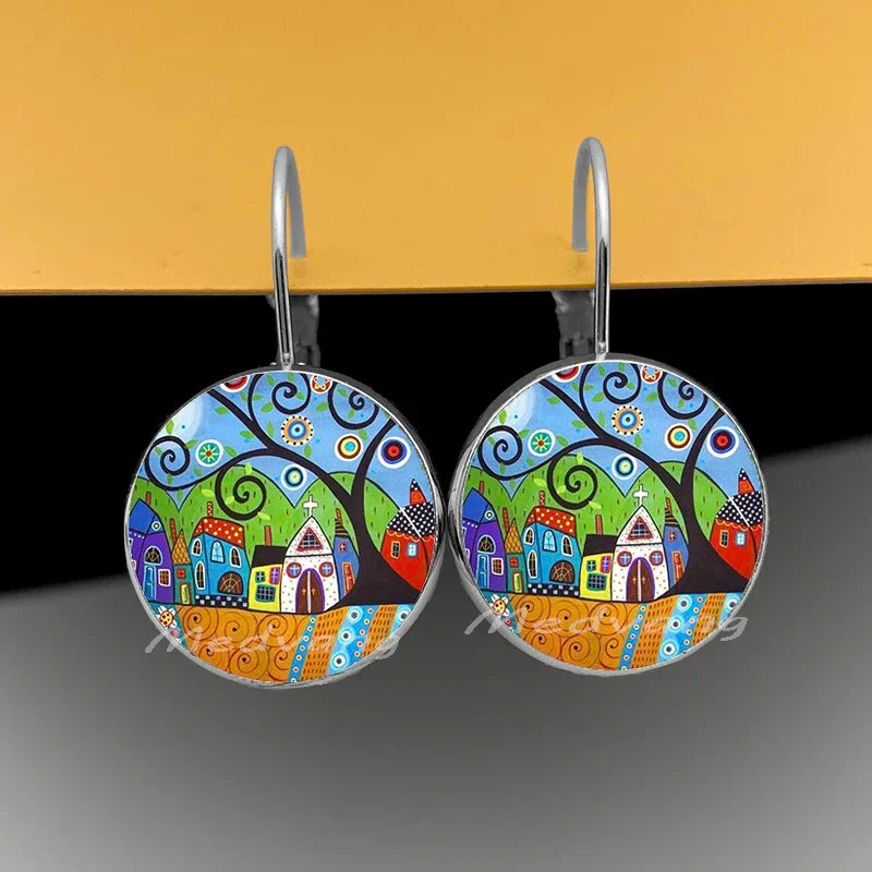 2024 Natural Scenery Earrings beautiful village Women Stud Earring  Abstract Oil Painting House Glass Cabochon Earrings  jewelry