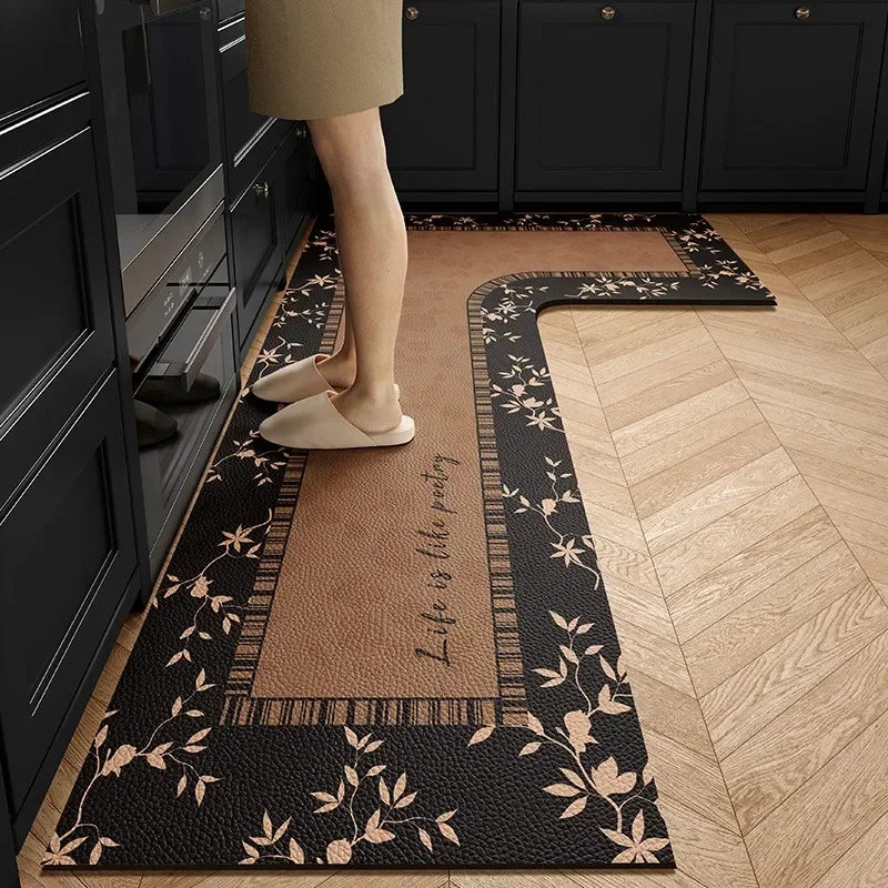 Kitchen Carpet L-shape Rug Brown Retro Waterproof Dirt-resistant Floor Mat Light Luxury Floral Anti-Slip Foot Mats Ковер Tapis