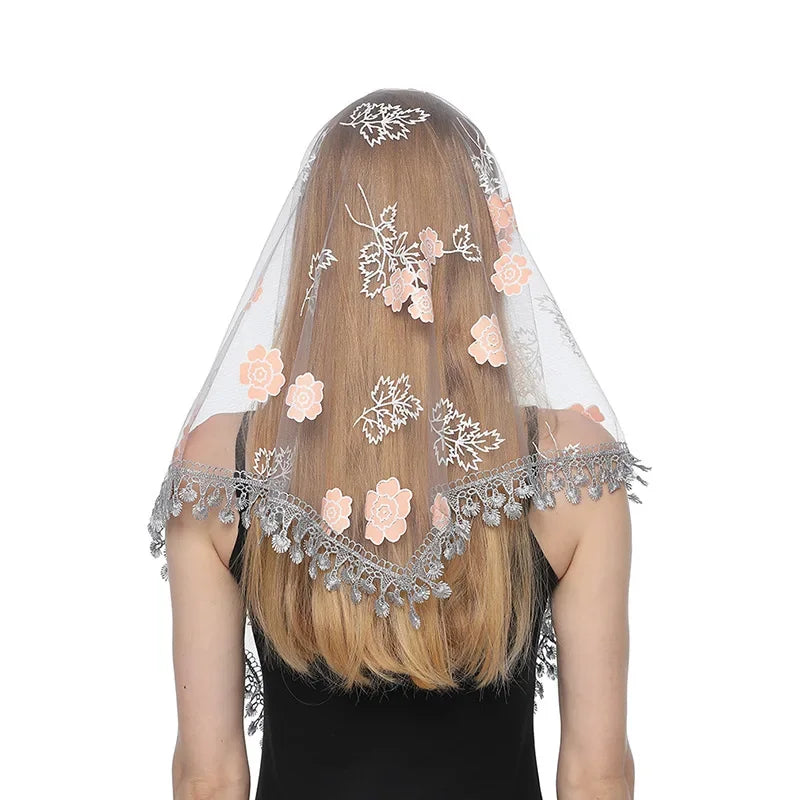 Fashion Women Triangle Wrap Fringed Shawls Head Scarf Tassel Embroidery Lace Scarves Flower Hijab Bandana Prayer Kerchief Church