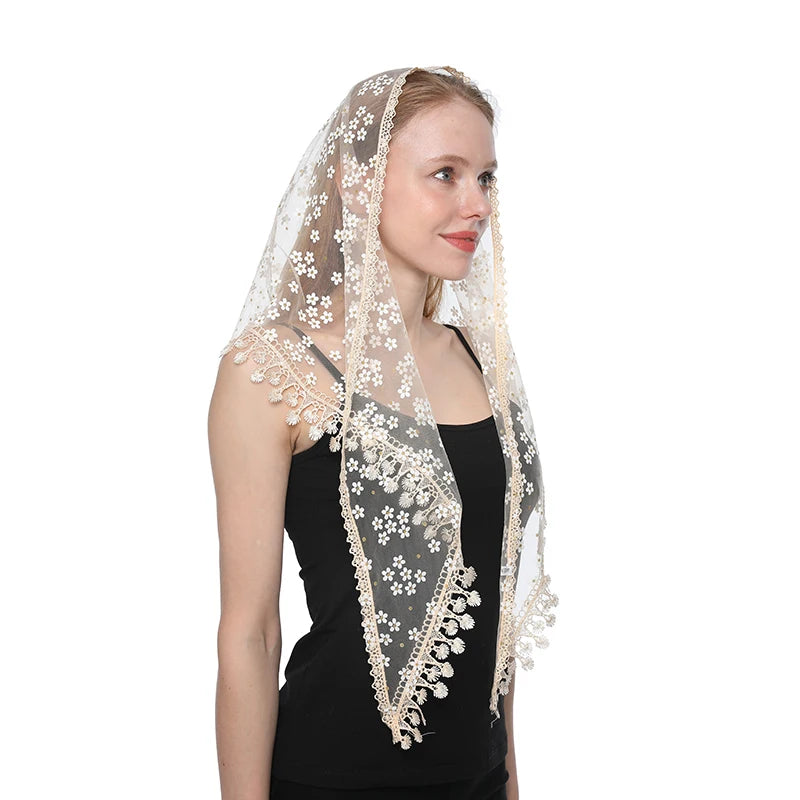 Fashion Church Shawl Lace Veil Polyester Scarf Bandana Church Prayer Wedding Mantilla Chapel White Embroidered Hijab Women Scarf
