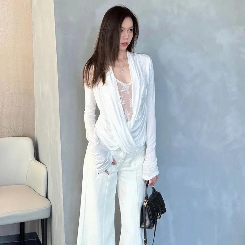 Lace Patchwork Crisscross Wrap Blouse Women White Long Sleeve Sexy Elegant Shirt Fashion Chic Streetwear Office Lady Tops
