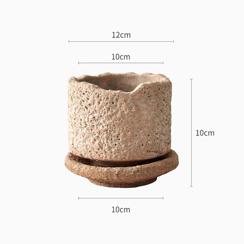 Home handmade clay pot retro hammer pattern desktop green plant small pot with tray ceramic red pottery pot