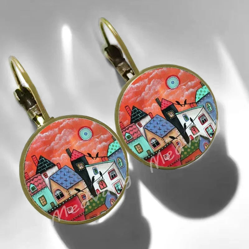 2024 Natural Scenery Earrings beautiful village Women Stud Earring  Abstract Oil Painting House Glass Cabochon Earrings  jewelry