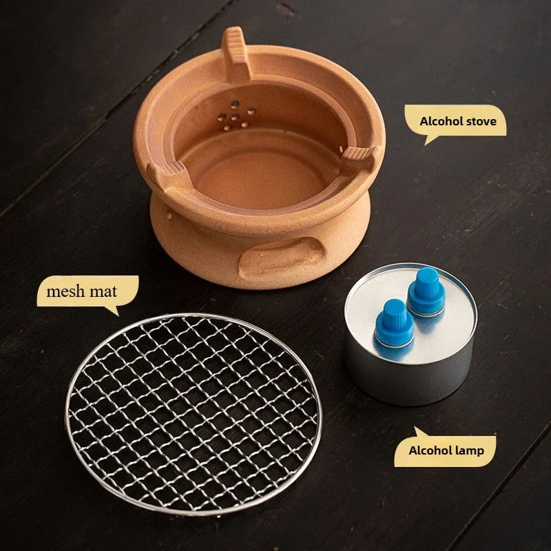 Japanese Style Handmade Clay Teapot Set - Fast Heating Alcohol Burner, Stovetop Safe Gongfu Tea Kit with Kettle & Cultural Gift