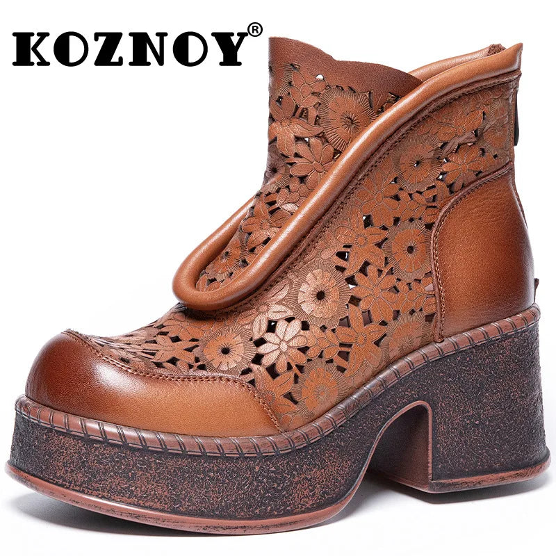 Koznoy 7.5cm Genuine Leather Sandals Ankle Booties Women Hollow Chimney Moccasins Fashion Summer Motorcycle Natural Boots Shoes