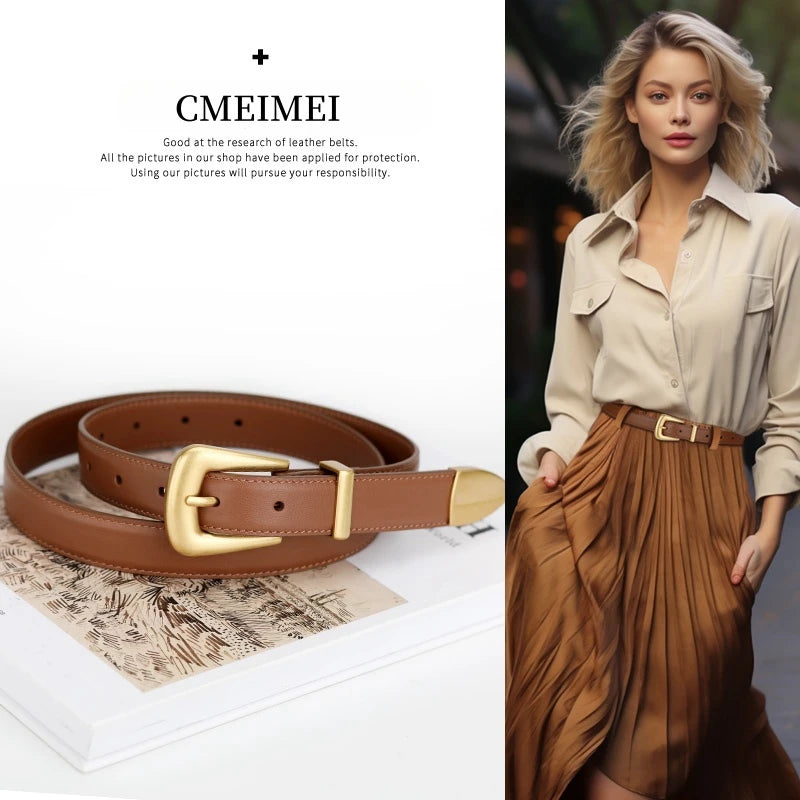 Genuine Leather Belt for Women Burgundy Leather Fashion Belts with Gold Metal Buckle Casual Luxury for Jeans Dresses