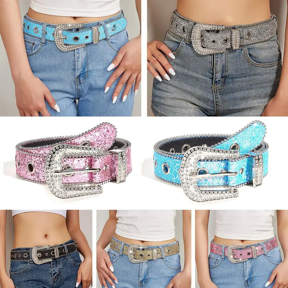 Skull Rivet Rhinestone Bb Belts Trendy Solid Color Sparkling PU Leather Belt Cowboy Cowgirl Jeans Pants Belt For Women Girls
