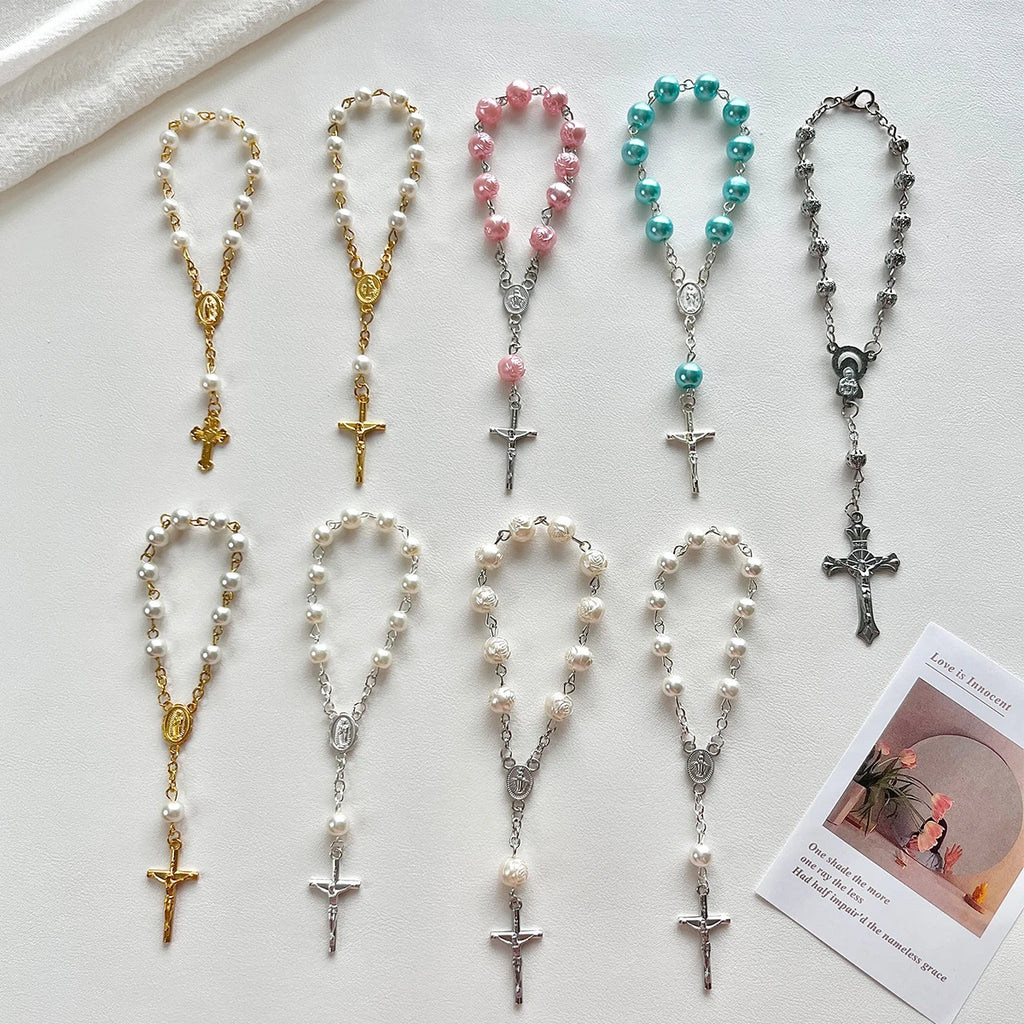 1Pcs Baby 6/8mm Glass Pearl Rosary Bracelet Eucharist Gift Cross Finger Chain Religion Mini Rosary Bracelet Pray