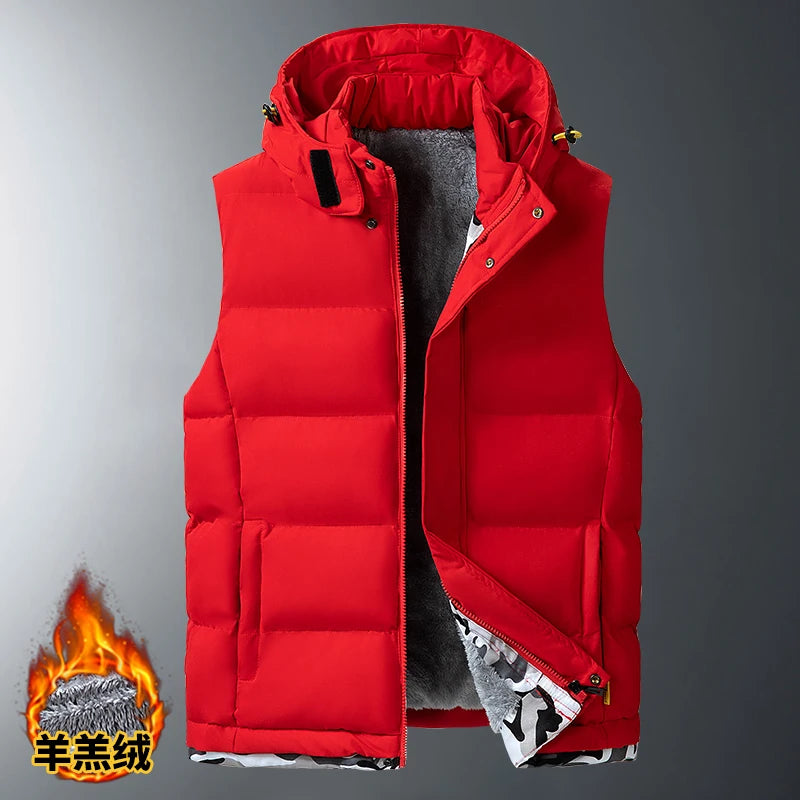 Big Size Men's Padded Vest Hooded Zip-up Fleece lined Sleeveless Jacket Male Winter Thick Warm Brushed Work Hiking Plus 9XL 10XL