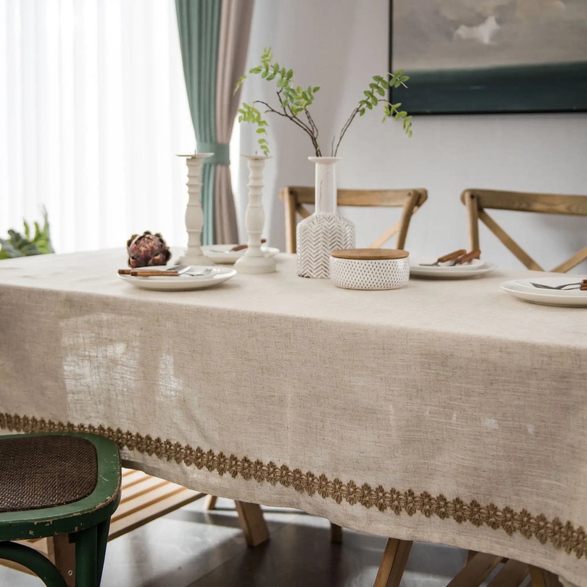 Cotton Linen Jute Lace Tablecloth for Wedding Home Party Dining Banquet Decoration Flax Fabric Table Cloth Luxurious Table Cover