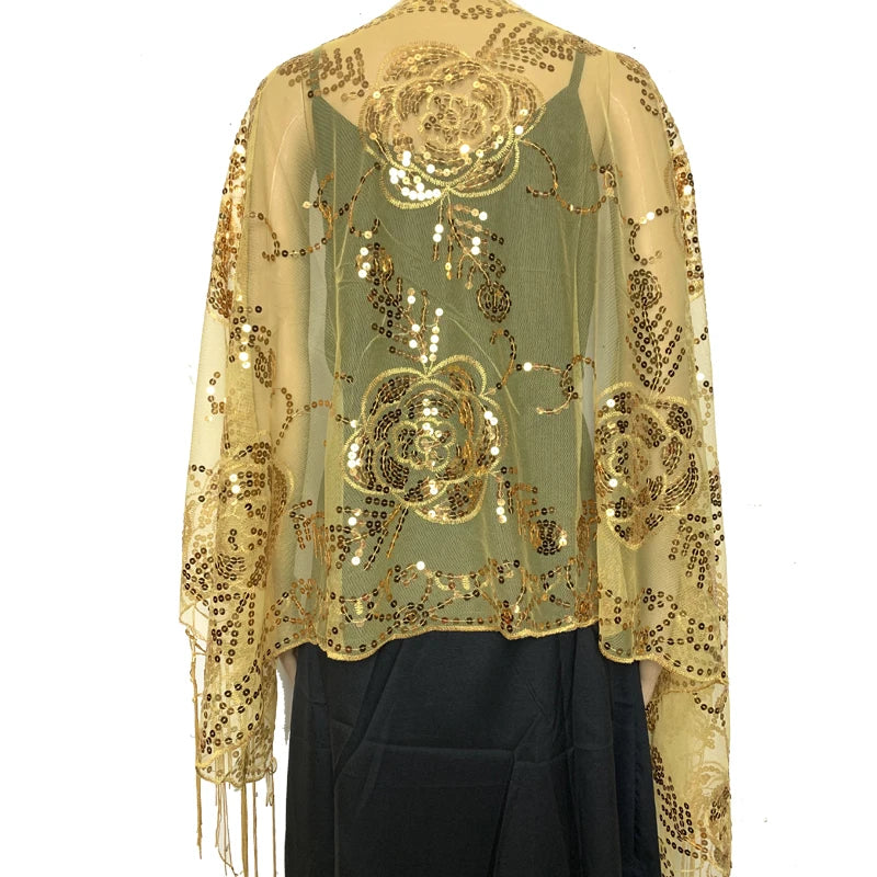 Glitter Sequins Shawls and Wraps for Evening Dresses Women's Mesh Wedding Cape Bridal Bridesmaid Shrugs Fringed Party Shawl