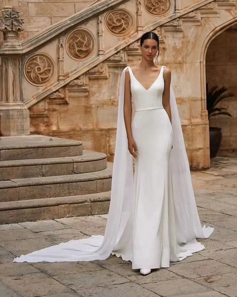 Msikoods 2025 Mermraid Wedding Dresse Cape Customized Backless Minimalist Bride Dress Backless Belt Civil Women Bridal Dress