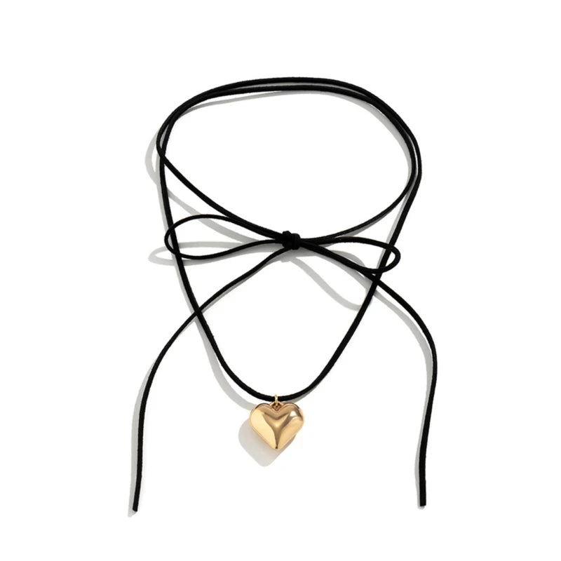 Heart Pendant Collar Necklace Long  Rope Bow Tie Choker Necklace Fashion Jewelry Neck Tie Clavicle Chain Necklace