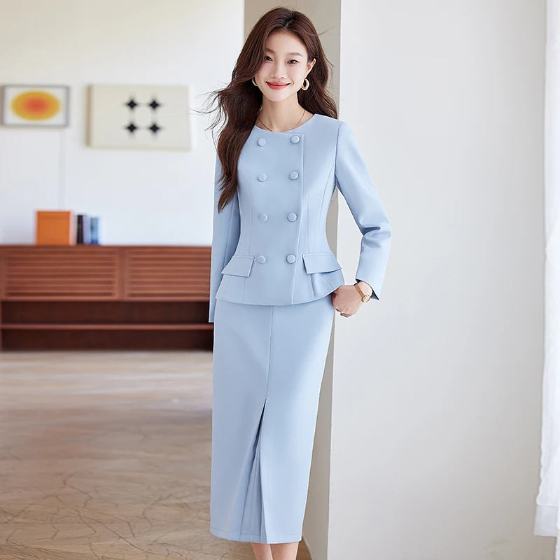 NAVIU 2 Pieces Set Women Double Breasted Blazer Korean Drama Star Elegant A Line Knee Length Slit Stirts Women Work Wear Blue