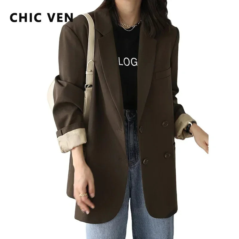 CHIC VEN Autumn New Fashion Women's Blazer Casual College Style Solid Color Office Lady Coat Long Sleeve Loose Women Clothes Top