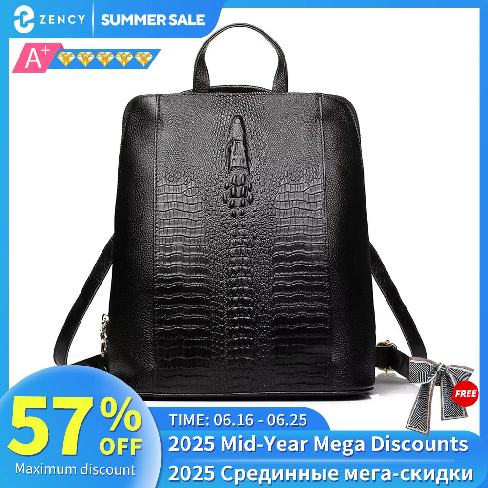 Zency Women's Crocodile Leather Backpack 100% Genuine Natural Travel Work School Bag with Notebook Compartment Laptop Carry-on