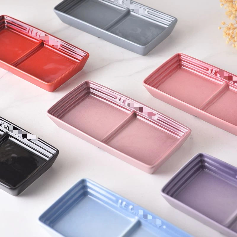 Color Japanese Style Grid Dipping Dish Seasoning Dish Ceramic Pickled Vegetables Snacks Separated Barbecue Dipping Home Use