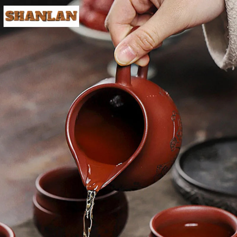 280ml Handmade Yixing Purple Clay Tea Pitcher Home Collection Raw Ore Dragon's Blood Sand Justice Cup Divide Chahai Zisha Teaset