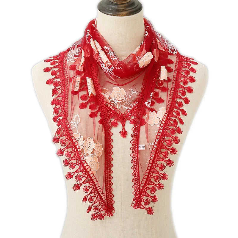 Fashion Women Triangle Wrap Fringed Shawls Head Scarf Tassel Embroidery Lace Scarves Flower Hijab Bandana Prayer Kerchief Church