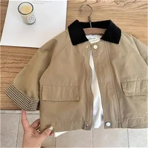 2023 Spring Loods Cotton Simple Clean Fashion Casual Comfortable Kid Unisex Outerwear Turn-down Collar Zipper Full Sleeve