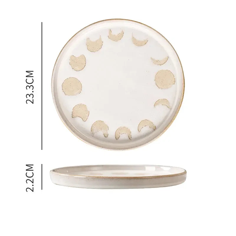 Japanese Vintage Hand Painted Dots Daisy Pottery Deep Plates Creative Moon Star Steak Flat Plate Handmade Salad Dinner Dishes