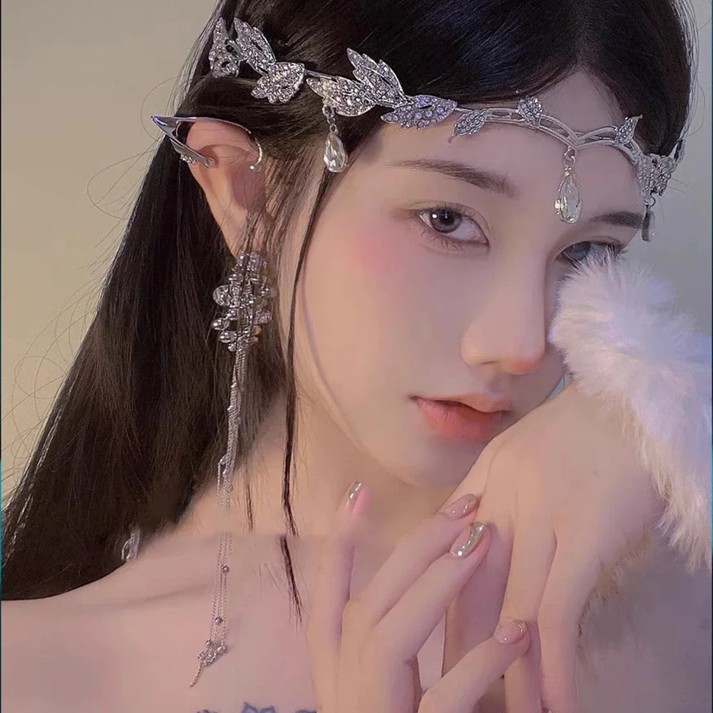 Wedding Bridal Headband for Brides Crystal Teardrop Rhinestone Leaf Hair Accessory Elf Crown Tiara for Elf Cosplay Party