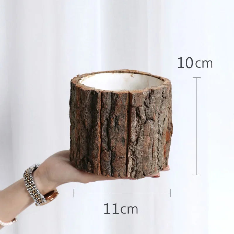 Wooden Plant Pot Vintage Round Table Decorative Style Wooden Flowerpot Fake Tree Bark Succulent Plants Creative Container