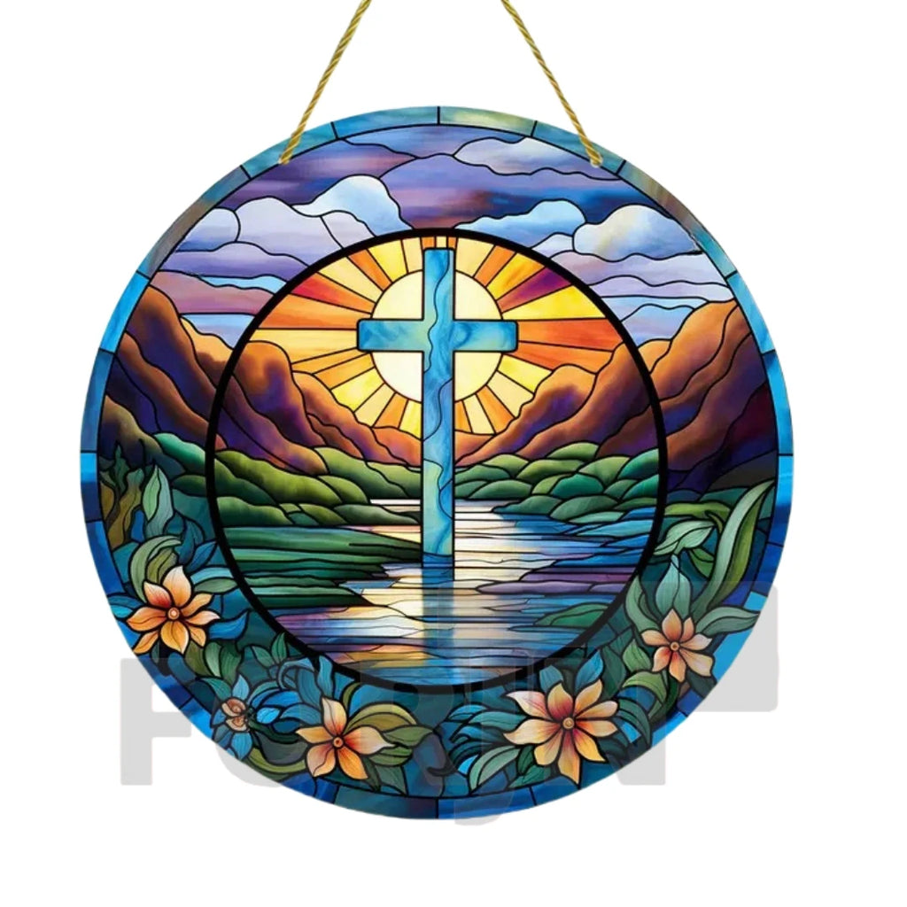 Cross Sun Catcher Acrylic Round Sign,Faux 3D Christianity Religious Pendant Plate,Home,Garden,Room,church,Holy Week&Easter Decor