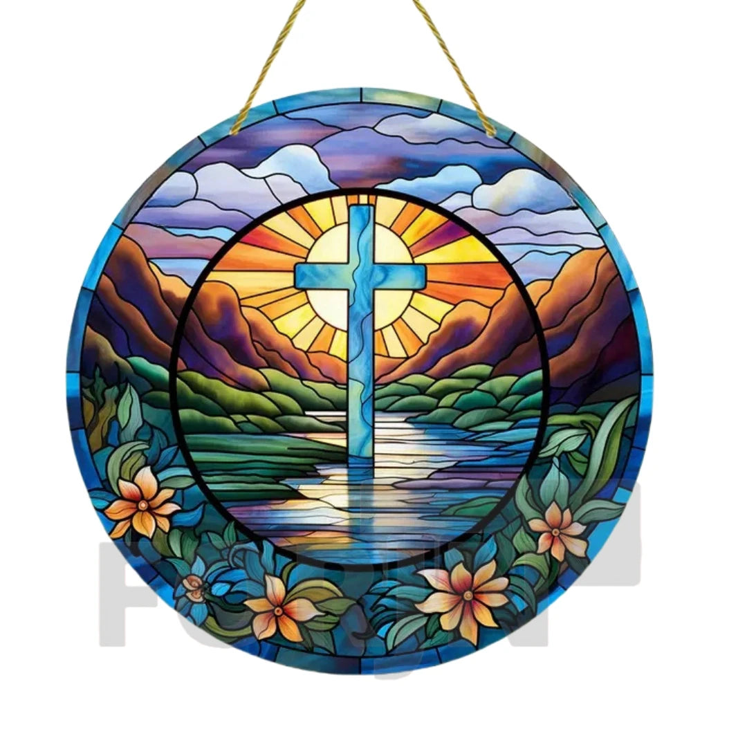 Cross Sun Catcher Acrylic Round Sign,Faux 3D Christianity Religious Pendant Plate,Home,Garden,Room,church,Holy Week&Easter Decor