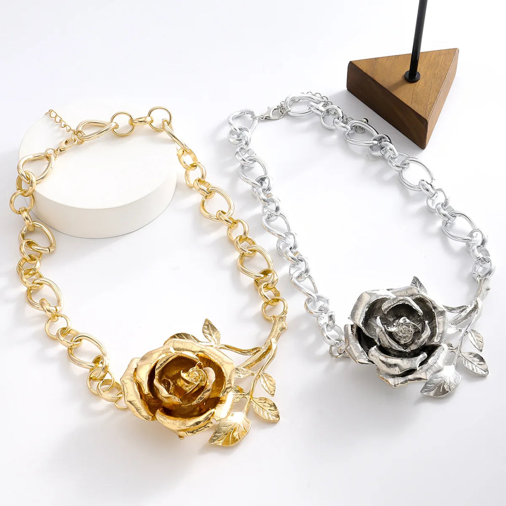 INS New Exaggerated Heavy Metal Wind Rose Pendant Necklace Bold Hip Hop Party Jewelry for Women