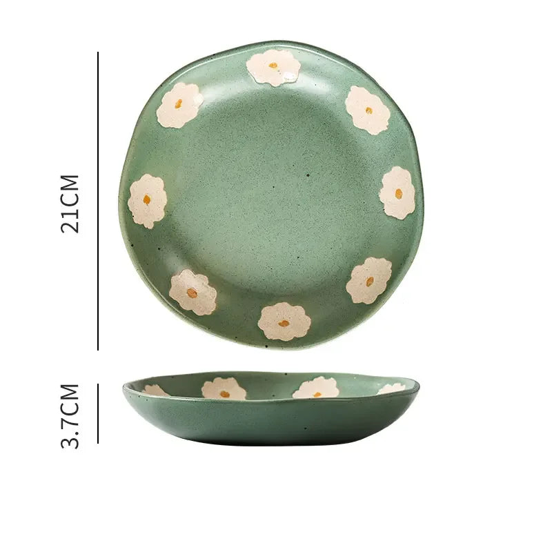 Japanese Vintage Hand Painted Dots Daisy Pottery Deep Plates Creative Moon Star Steak Flat Plate Handmade Salad Dinner Dishes
